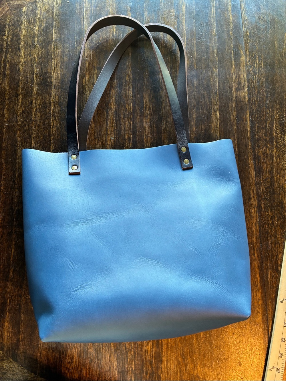 Portland Leather Goods Blue Leather Tote Bag with Brown Straps